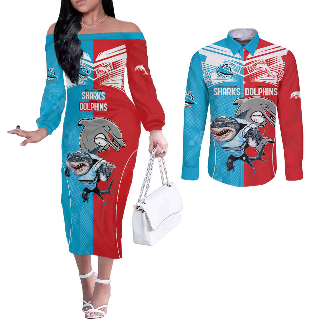 Custom Dolphins and Shark Couples Matching Off The Shoulder Long Sleeve Dress and Long Sleeve Button Shirt Together Sporty Style