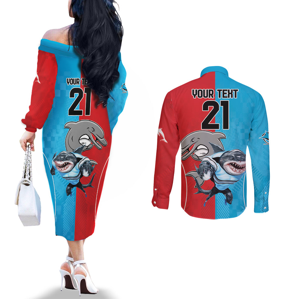 Custom Dolphins and Shark Couples Matching Off The Shoulder Long Sleeve Dress and Long Sleeve Button Shirt Together Sporty Style