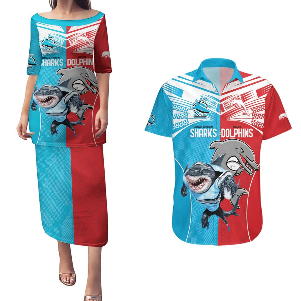 Custom Dolphins and Shark Couples Matching Puletasi and Hawaiian Shirt Together Sporty Style