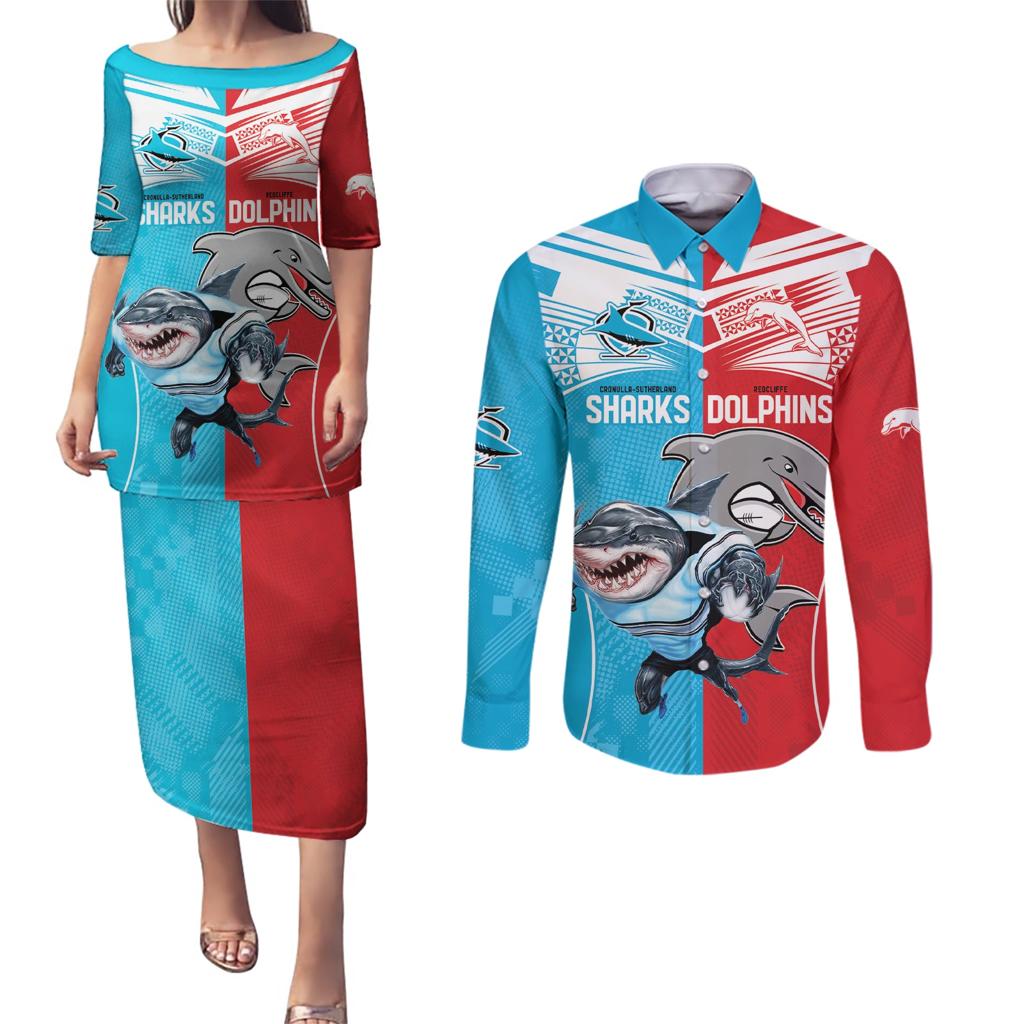 Custom Dolphins and Shark Couples Matching Puletasi and Long Sleeve Button Shirt Together Sporty Style
