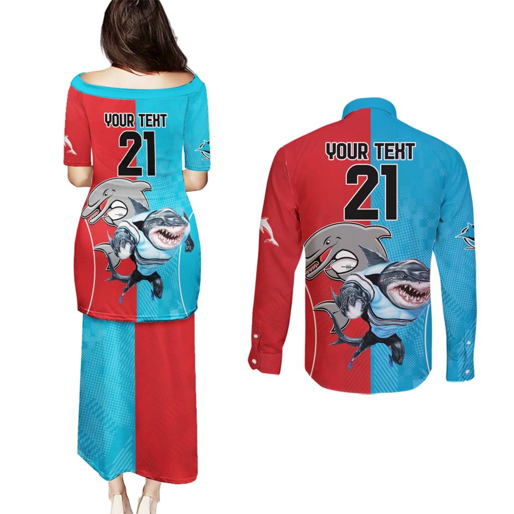 Custom Dolphins and Shark Couples Matching Puletasi and Long Sleeve Button Shirt Together Sporty Style