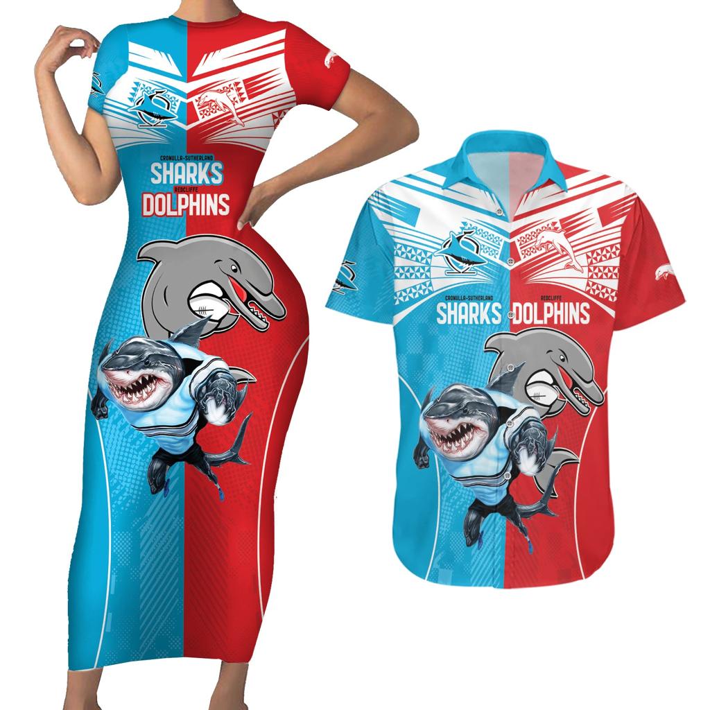 Custom Dolphins and Shark Couples Matching Short Sleeve Bodycon Dress and Hawaiian Shirt Together Sporty Style