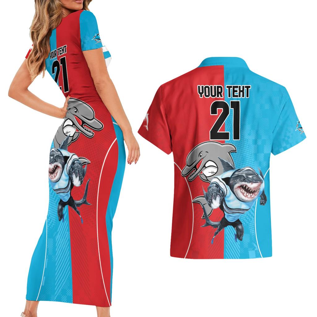 Custom Dolphins and Shark Couples Matching Short Sleeve Bodycon Dress and Hawaiian Shirt Together Sporty Style