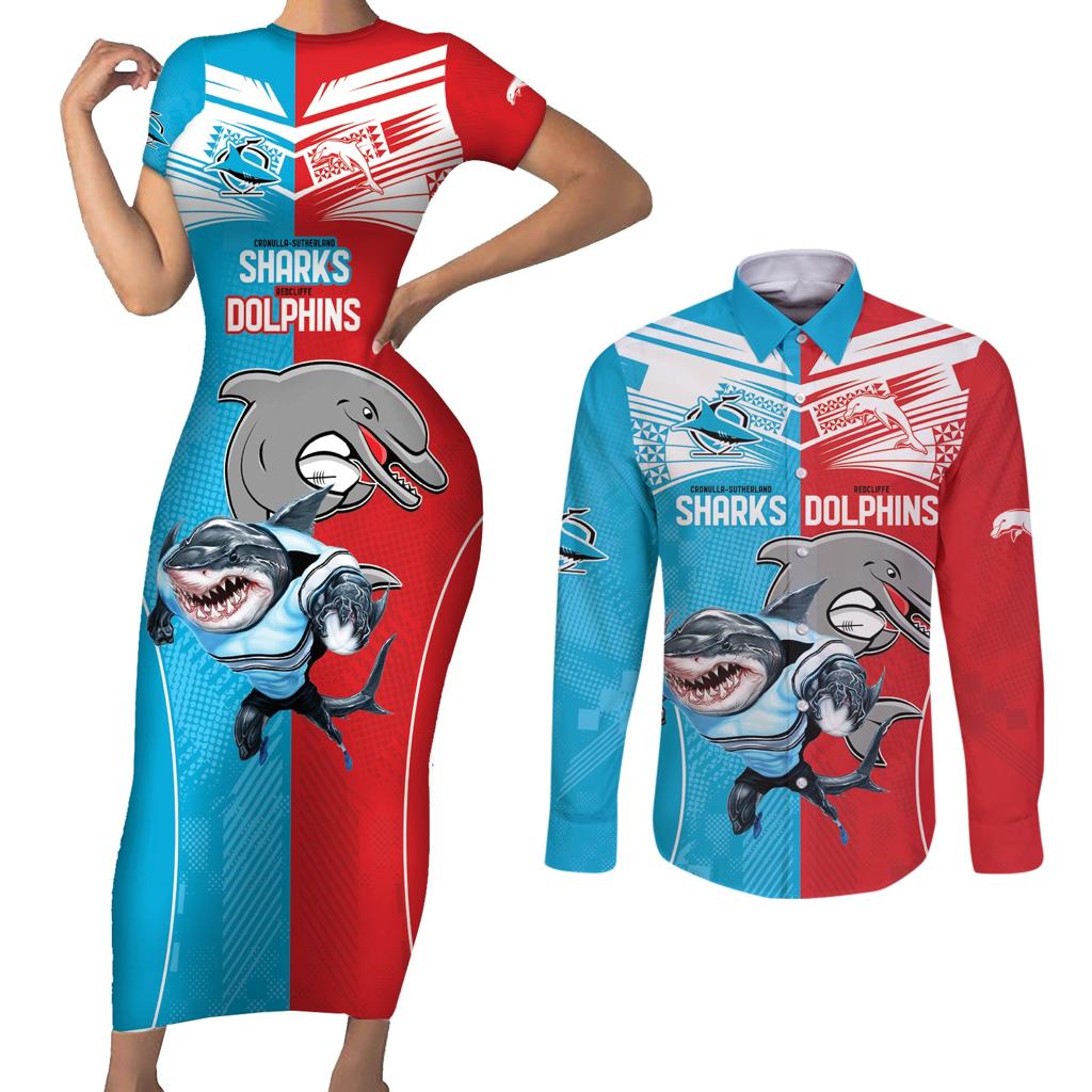 Custom Dolphins and Shark Couples Matching Short Sleeve Bodycon Dress and Long Sleeve Button Shirt Together Sporty Style