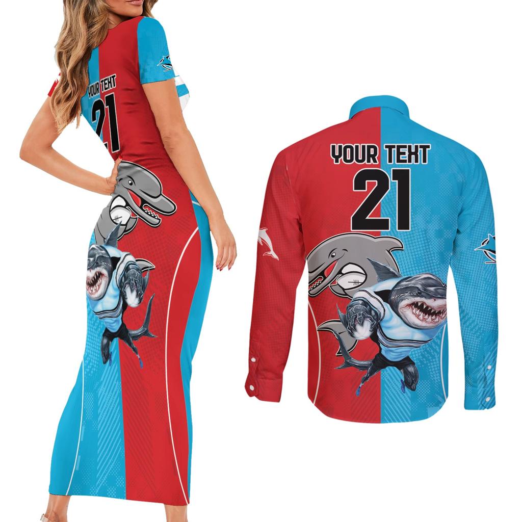 Custom Dolphins and Shark Couples Matching Short Sleeve Bodycon Dress and Long Sleeve Button Shirt Together Sporty Style