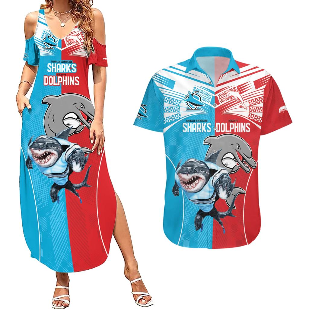 Custom Dolphins and Shark Couples Matching Summer Maxi Dress and Hawaiian Shirt Together Sporty Style