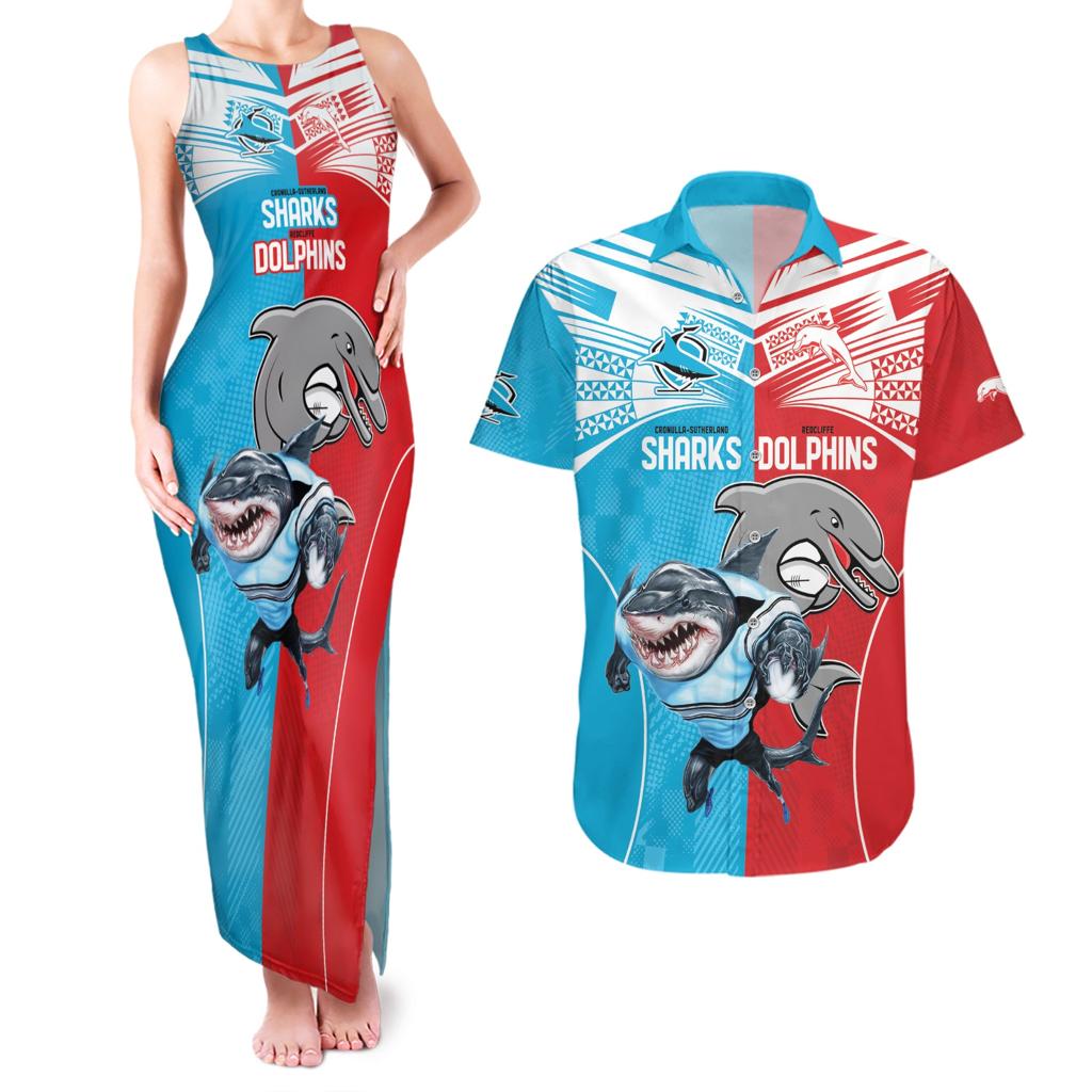 Custom Dolphins and Shark Couples Matching Tank Maxi Dress and Hawaiian Shirt Together Sporty Style