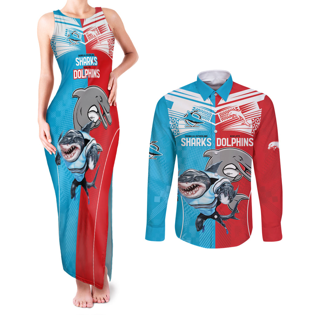 Custom Dolphins and Shark Couples Matching Tank Maxi Dress and Long Sleeve Button Shirt Together Sporty Style