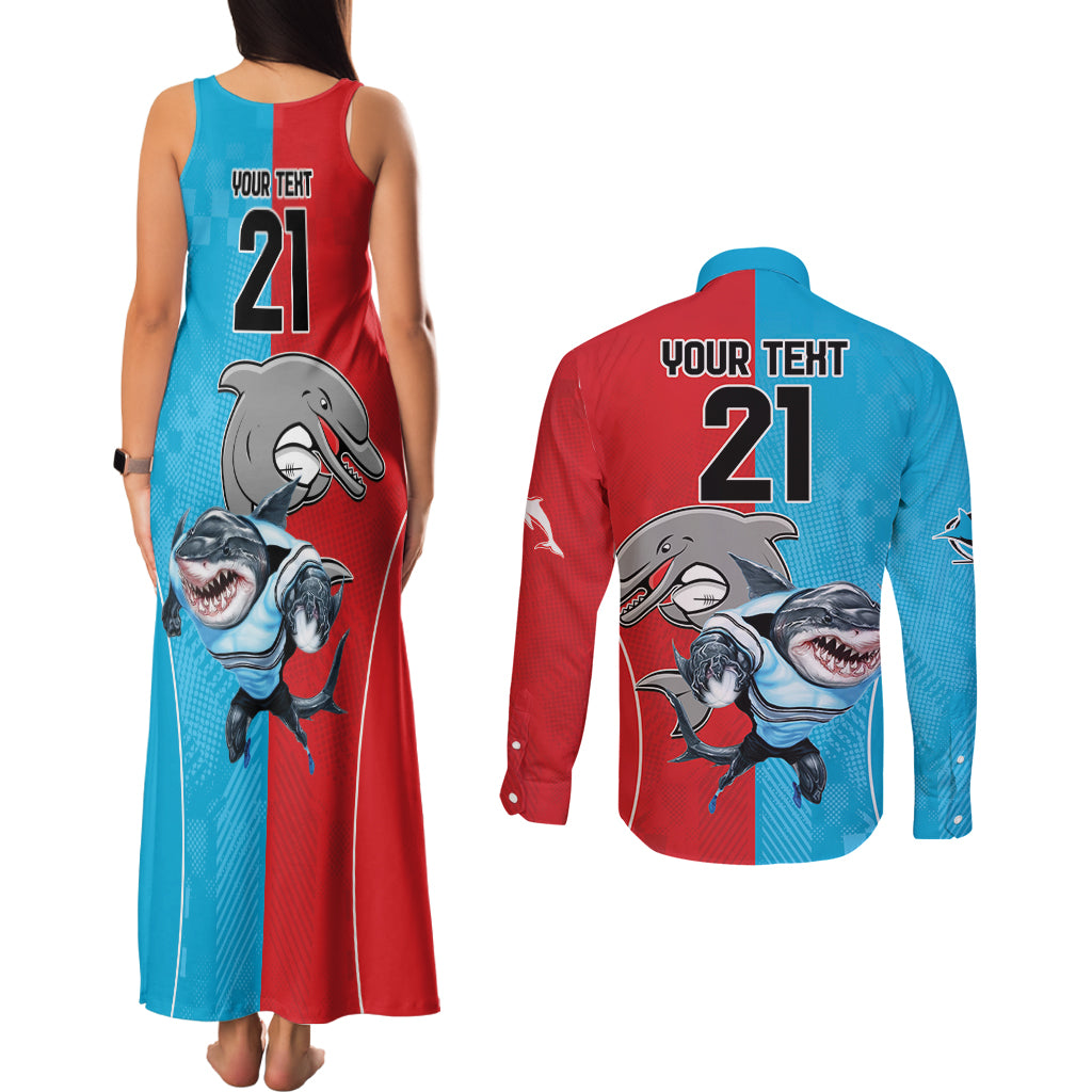 Custom Dolphins and Shark Couples Matching Tank Maxi Dress and Long Sleeve Button Shirt Together Sporty Style