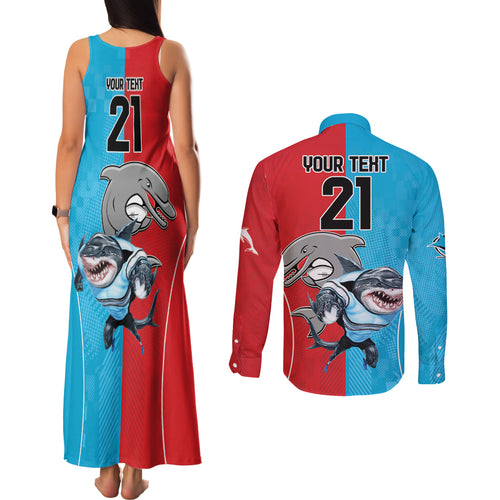 Custom Dolphins and Shark Couples Matching Tank Maxi Dress and Long Sleeve Button Shirt Together Sporty Style