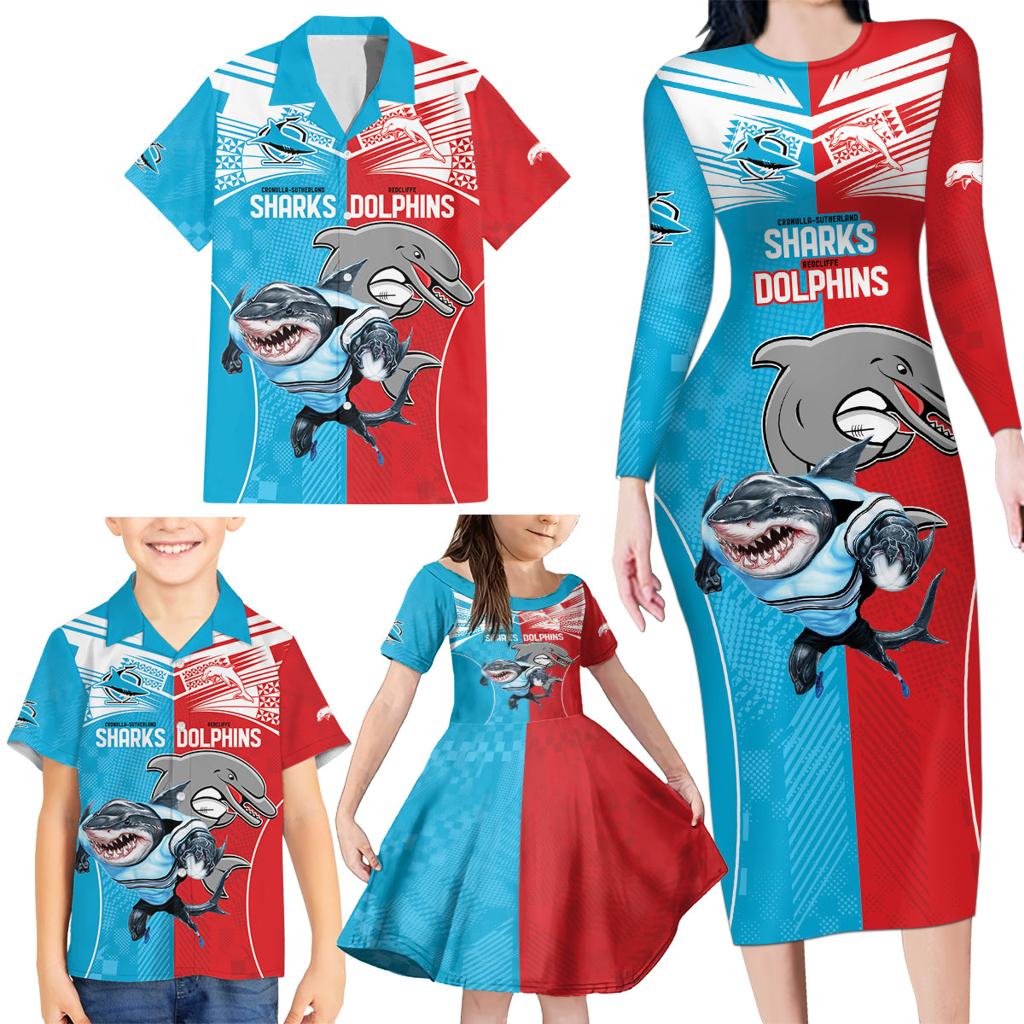 Custom Dolphins and Shark Family Matching Long Sleeve Bodycon Dress and Hawaiian Shirt Together Sporty Style