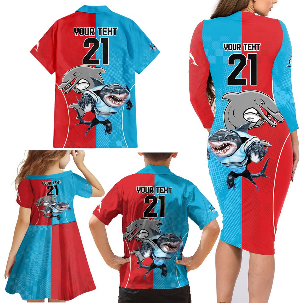 Custom Dolphins and Shark Family Matching Long Sleeve Bodycon Dress and Hawaiian Shirt Together Sporty Style