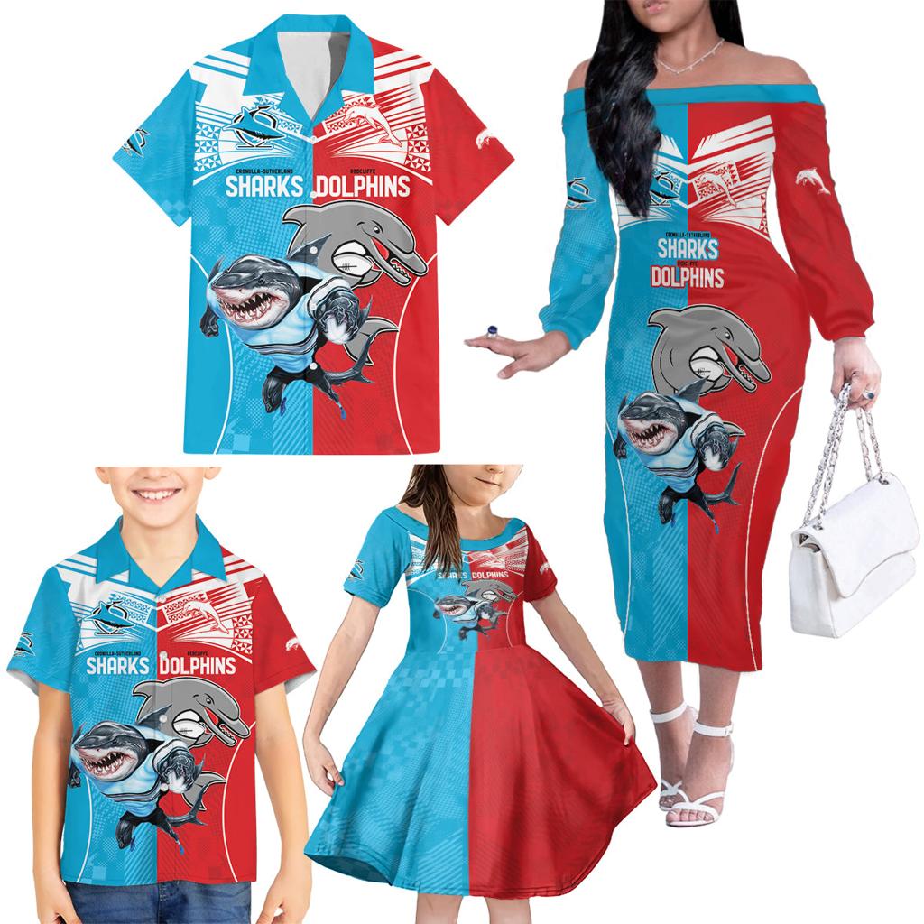 Custom Dolphins and Shark Family Matching Off The Shoulder Long Sleeve Dress and Hawaiian Shirt Together Sporty Style