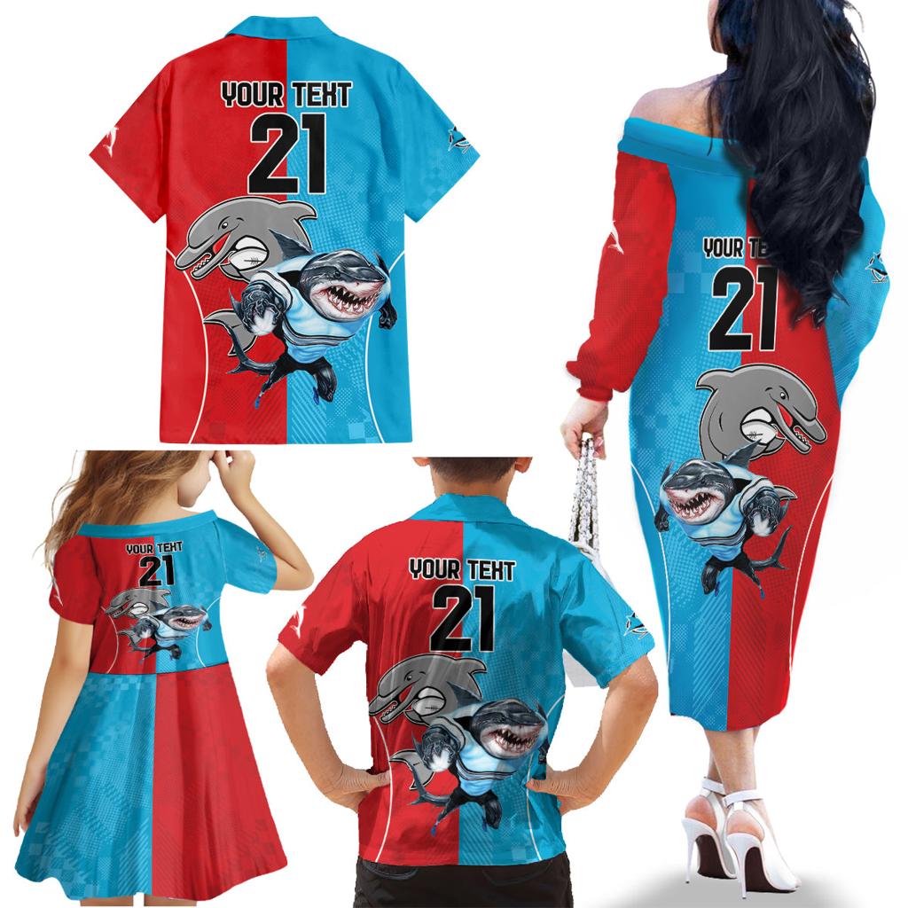 Custom Dolphins and Shark Family Matching Off The Shoulder Long Sleeve Dress and Hawaiian Shirt Together Sporty Style