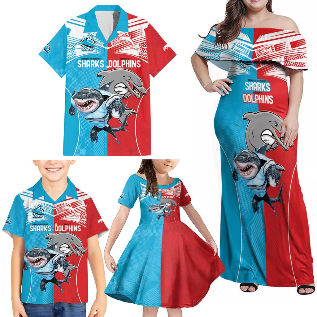 Custom Dolphins and Shark Family Matching Off Shoulder Maxi Dress and Hawaiian Shirt Together Sporty Style