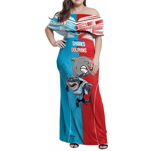 Custom Dolphins and Shark Family Matching Off Shoulder Maxi Dress and Hawaiian Shirt Together Sporty Style