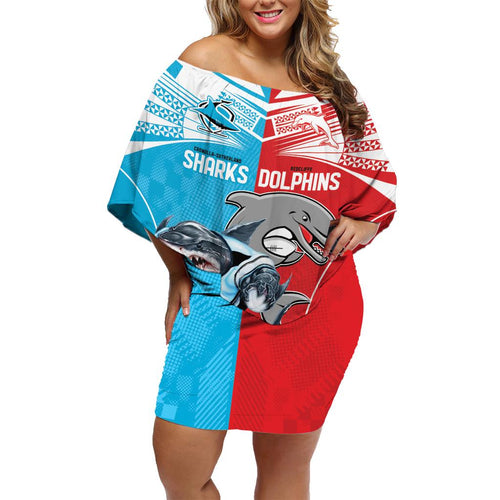 Custom Dolphins and Shark Family Matching Off Shoulder Short Dress and Hawaiian Shirt Together Sporty Style