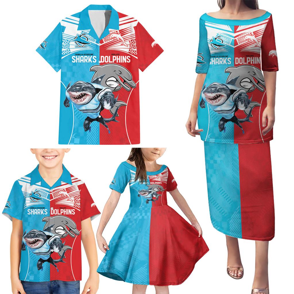 Custom Dolphins and Shark Family Matching Puletasi and Hawaiian Shirt Together Sporty Style