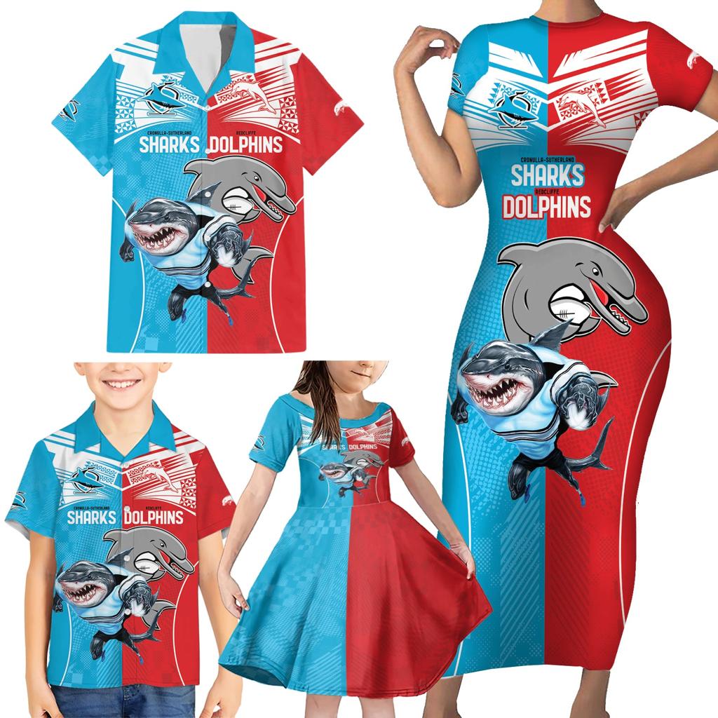 Custom Dolphins and Shark Family Matching Short Sleeve Bodycon Dress and Hawaiian Shirt Together Sporty Style