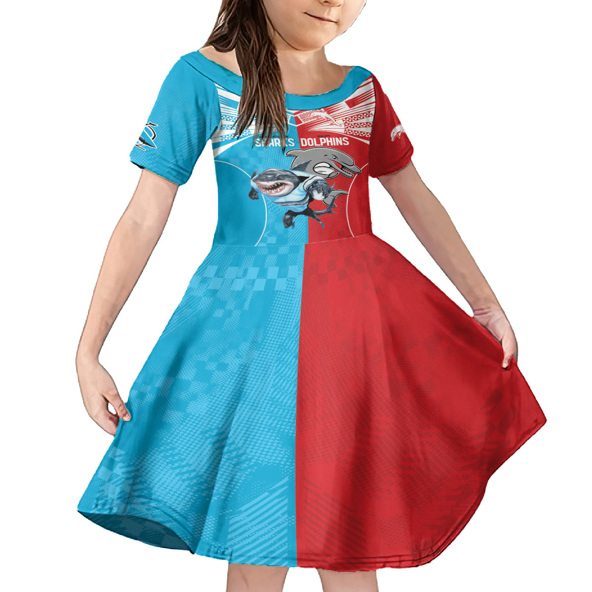 Custom Dolphins and Shark Kid Short Sleeve Dress Together Sporty Style