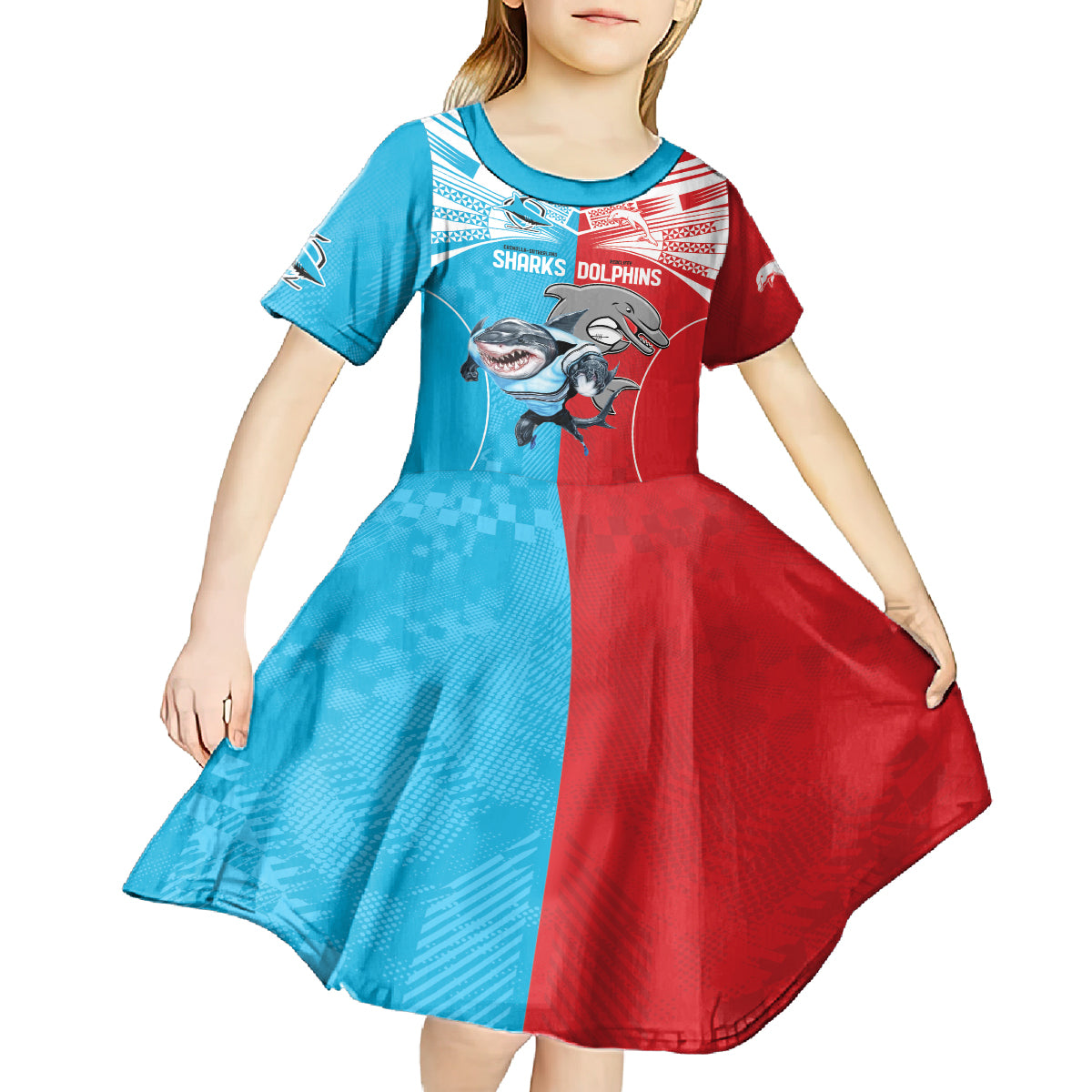Custom Dolphins and Shark Kid Short Sleeve Dress Together Sporty Style
