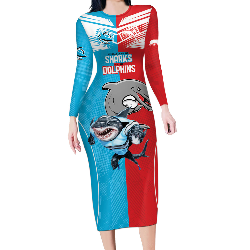 Custom Dolphins and Shark Long Sleeve Bodycon Dress Together Sporty Style