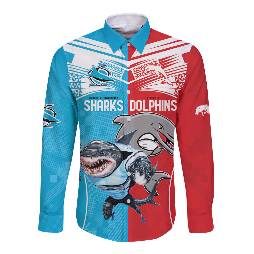 Custom Dolphins and Shark Long Sleeve Button Shirt Together Sporty Style
