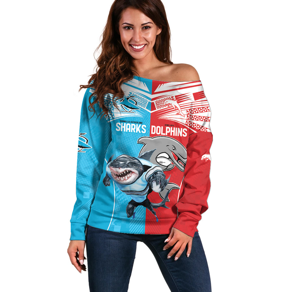 Custom Dolphins and Shark Off Shoulder Sweater Together Sporty Style