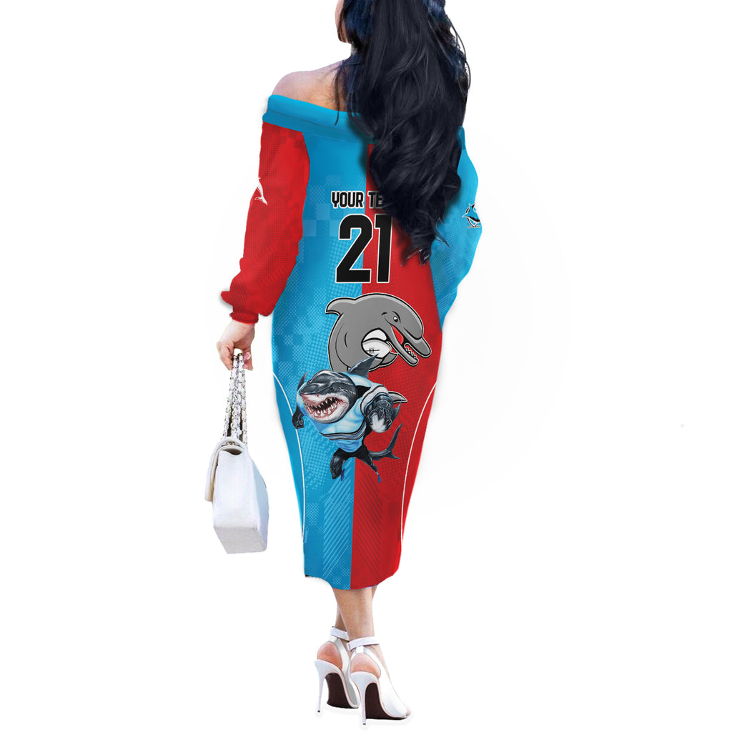 Custom Dolphins and Shark Off The Shoulder Long Sleeve Dress Together Sporty Style