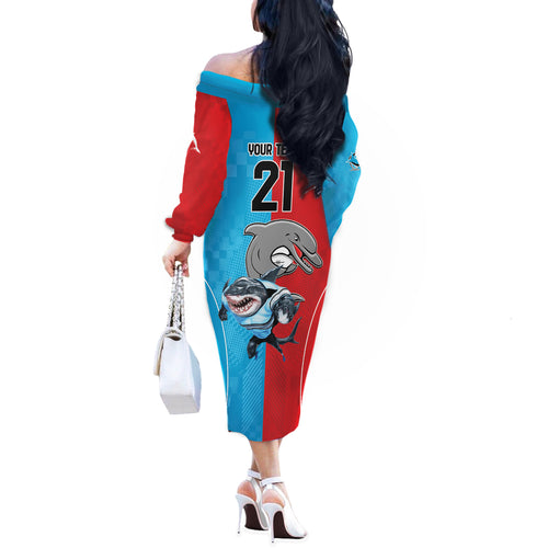 Custom Dolphins and Shark Off The Shoulder Long Sleeve Dress Together Sporty Style