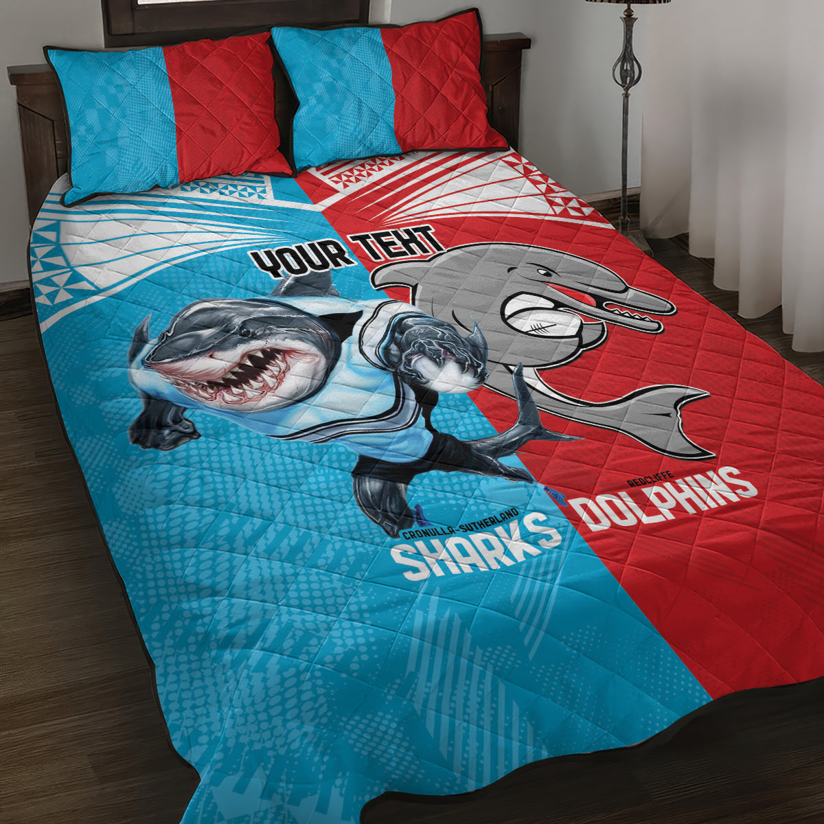 Custom Dolphins and Shark Quilt Bed Set Together Sporty Style