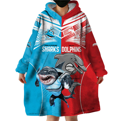 Custom Dolphins and Shark Wearable Blanket Hoodie Together Sporty Style