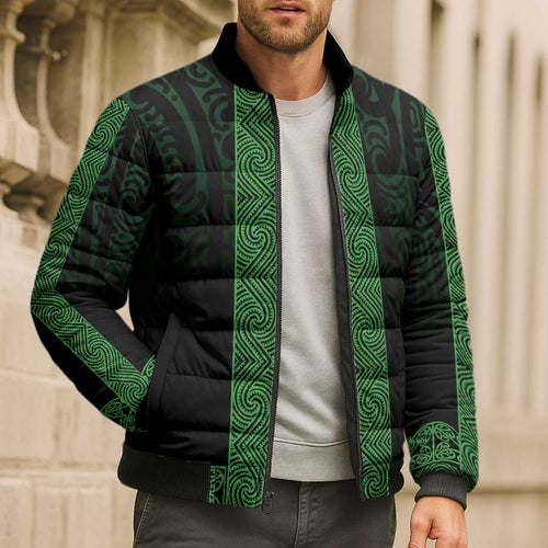 New Zealand Maori Kowhaiwhai Bomber Puffer Jacket Kakariki Maui and Mangopare - Aussie Hoodie