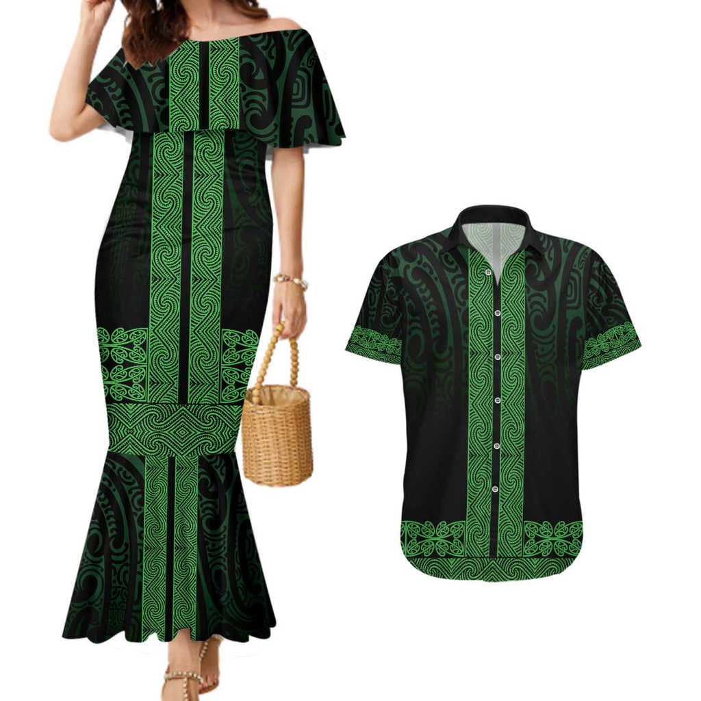New Zealand Maori Kowhaiwhai Couples Matching Mermaid Dress and Hawaiian Shirt Kakariki Maui and Mangopare