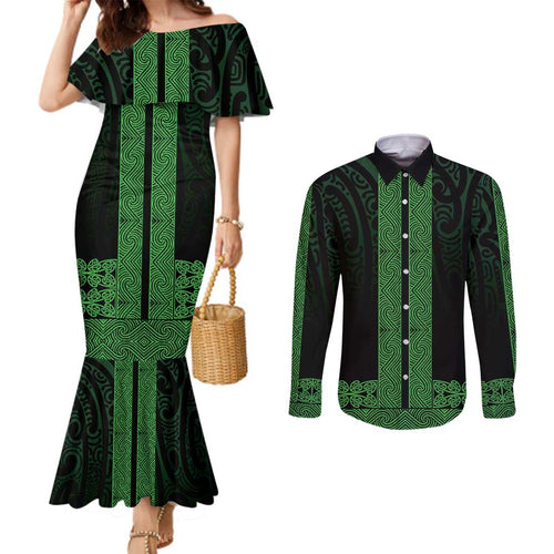 New Zealand Maori Kowhaiwhai Couples Matching Mermaid Dress and Long Sleeve Button Shirt Kakariki Maui and Mangopare