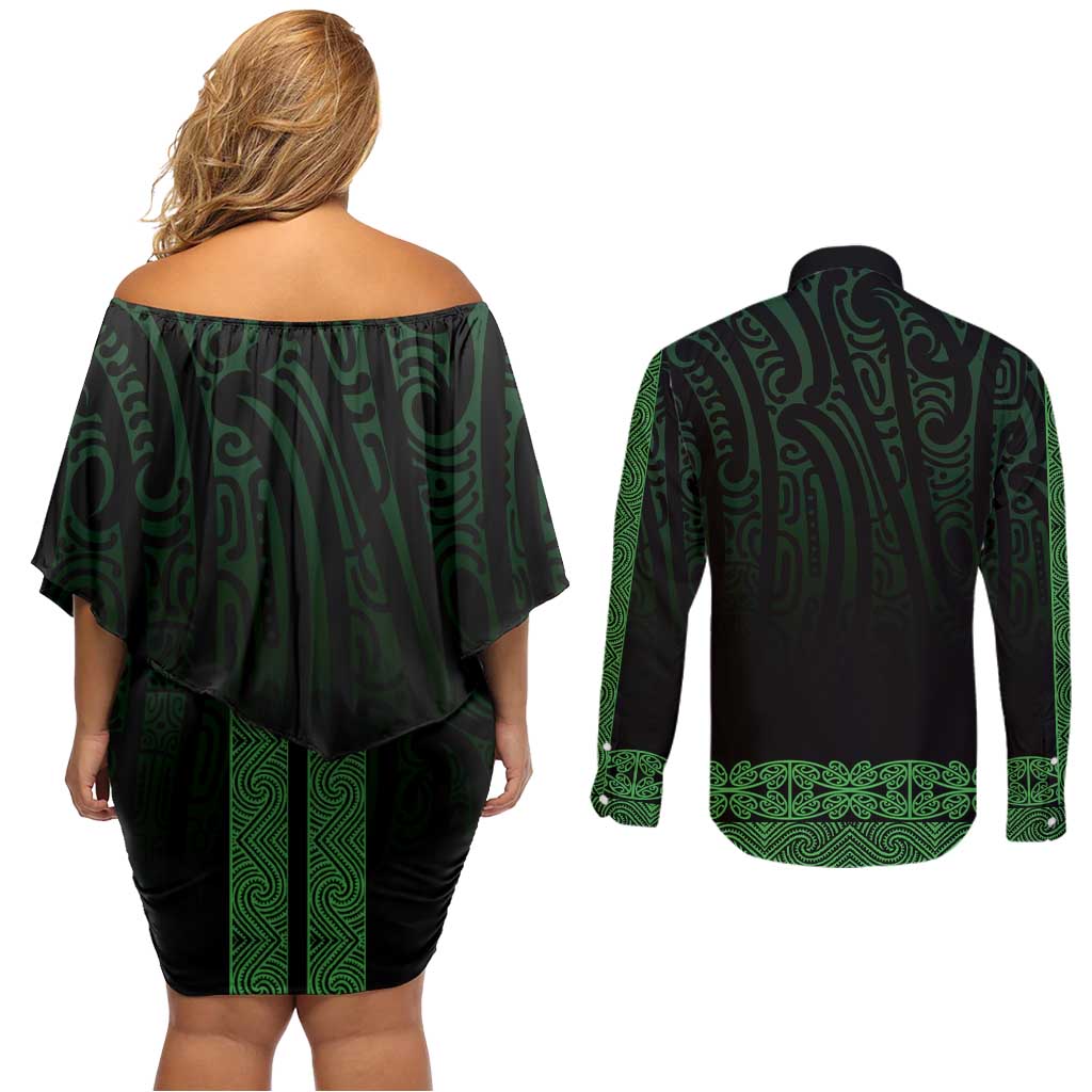 New Zealand Maori Kowhaiwhai Couples Matching Off Shoulder Short Dress and Long Sleeve Button Shirt Kakariki Maui and Mangopare