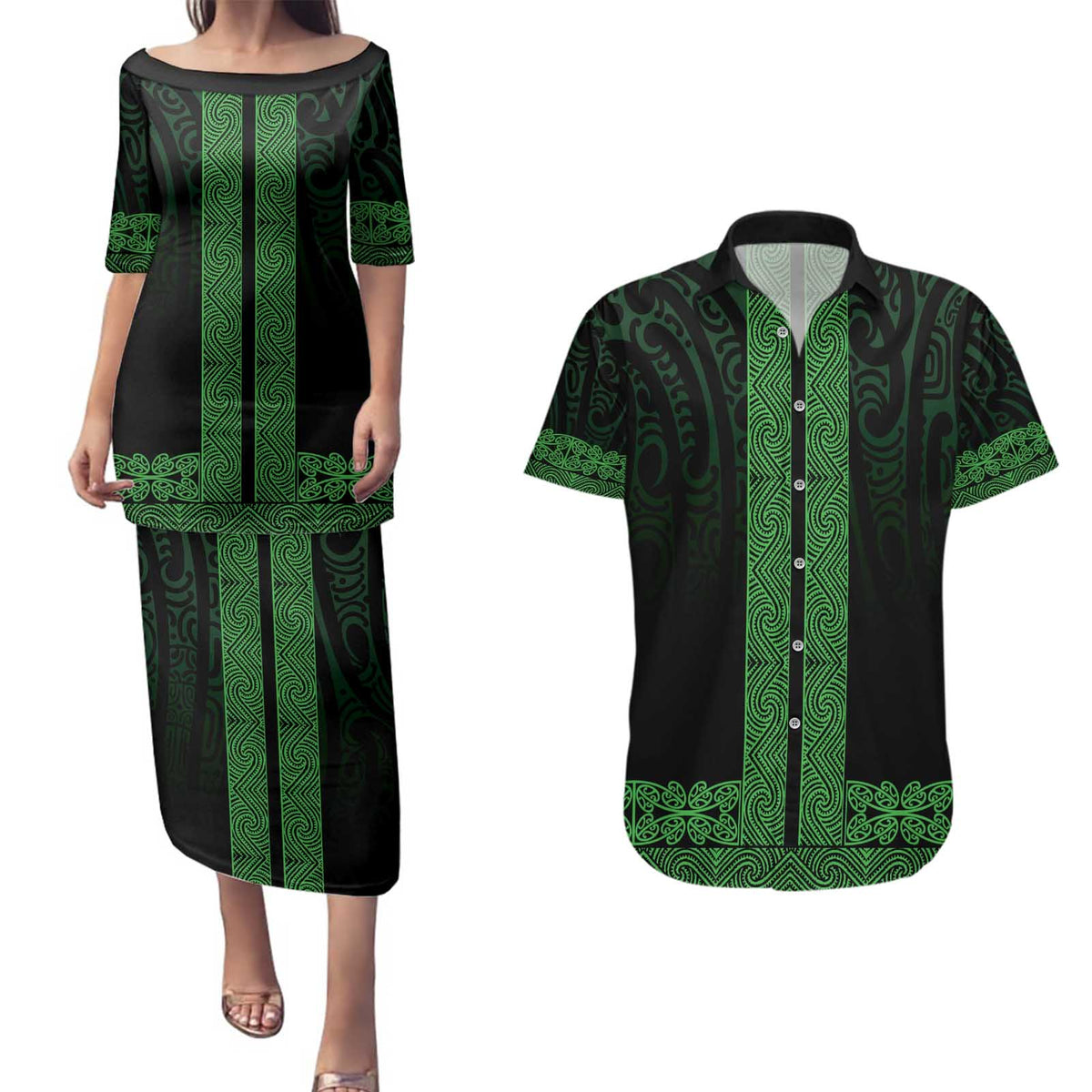 New Zealand Maori Kowhaiwhai Couples Matching Puletasi and Hawaiian Shirt Kakariki Maui and Mangopare