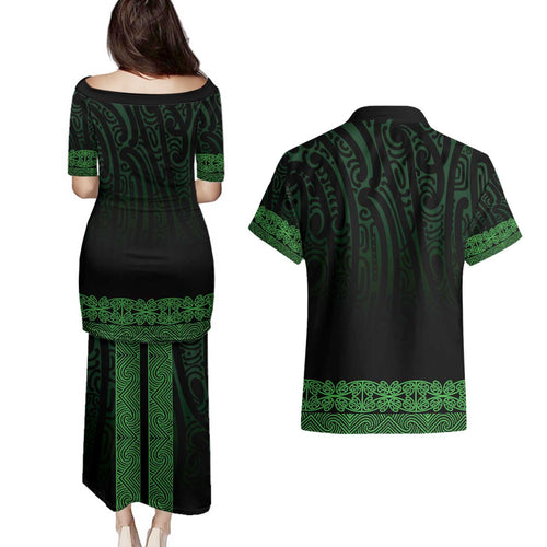 New Zealand Maori Kowhaiwhai Couples Matching Puletasi and Hawaiian Shirt Kakariki Maui and Mangopare