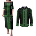 New Zealand Maori Kowhaiwhai Couples Matching Puletasi and Long Sleeve Button Shirt Kakariki Maui and Mangopare