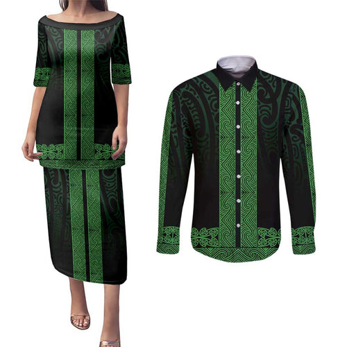 New Zealand Maori Kowhaiwhai Couples Matching Puletasi and Long Sleeve Button Shirt Kakariki Maui and Mangopare