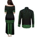 New Zealand Maori Kowhaiwhai Couples Matching Puletasi and Long Sleeve Button Shirt Kakariki Maui and Mangopare