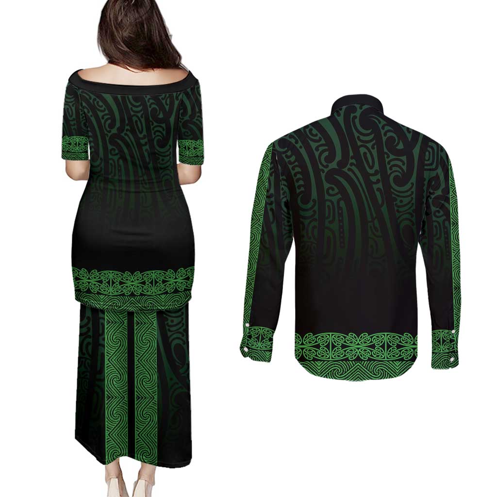 New Zealand Maori Kowhaiwhai Couples Matching Puletasi and Long Sleeve Button Shirt Kakariki Maui and Mangopare