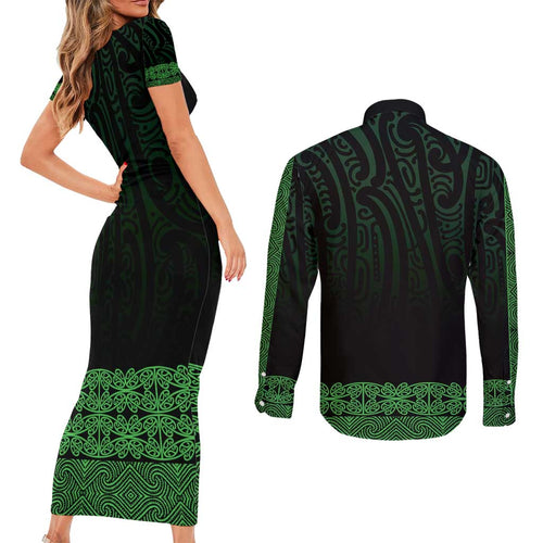 New Zealand Maori Kowhaiwhai Couples Matching Short Sleeve Bodycon Dress and Long Sleeve Button Shirt Kakariki Maui and Mangopare