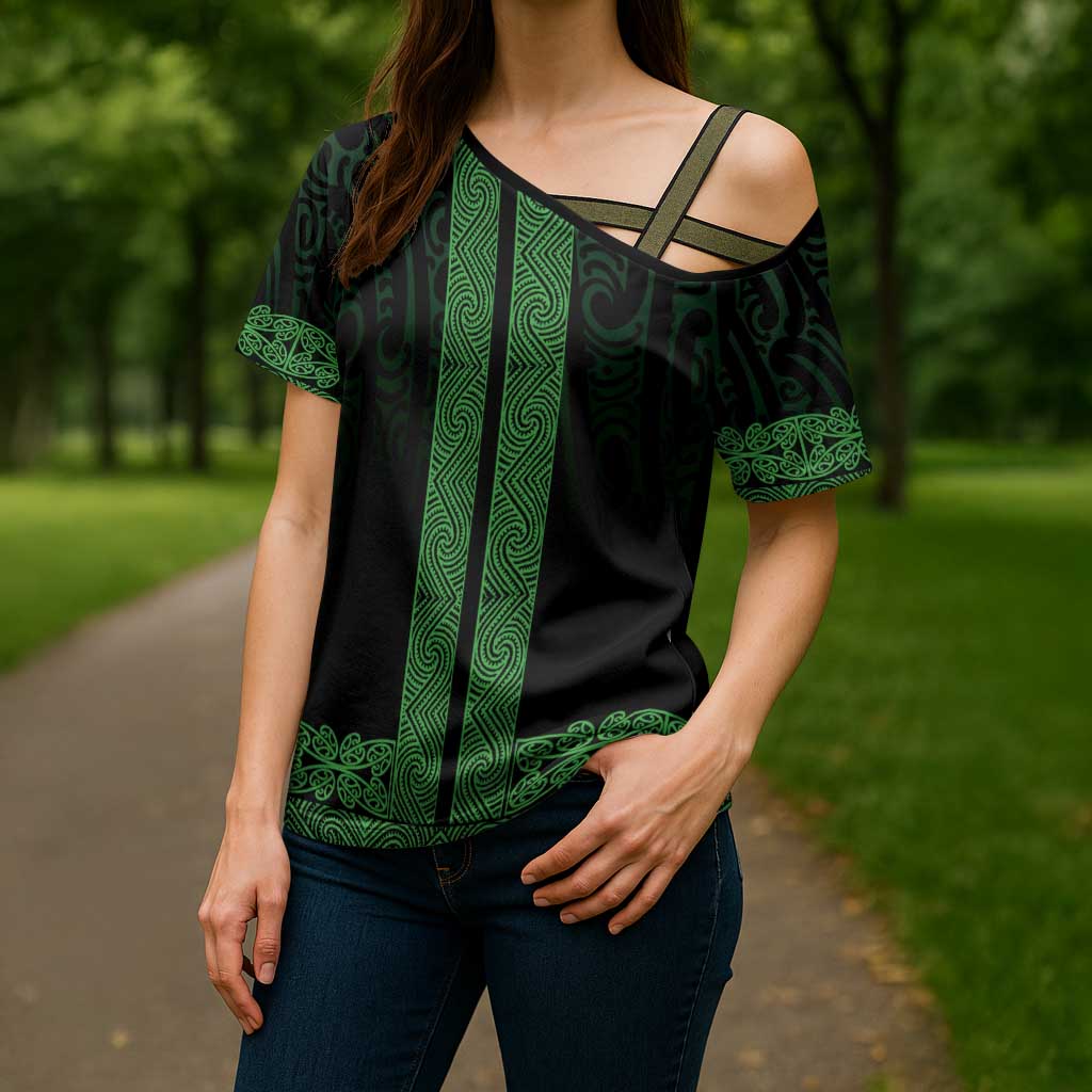 New Zealand Maori Kowhaiwhai Cross Shoulder Shirt Kakariki Maui and Mangopare - Aussie Hoodie