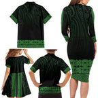 New Zealand Maori Kowhaiwhai Family Matching Long Sleeve Bodycon Dress and Hawaiian Shirt Kakariki Maui and Mangopare