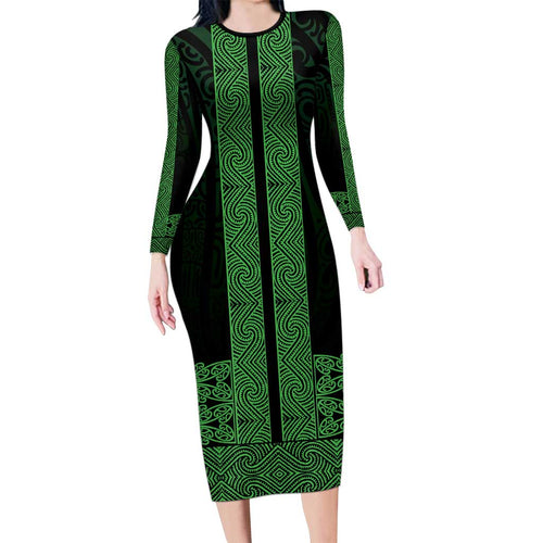 New Zealand Maori Kowhaiwhai Family Matching Long Sleeve Bodycon Dress and Hawaiian Shirt Kakariki Maui and Mangopare