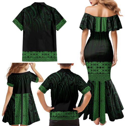 New Zealand Maori Kowhaiwhai Family Matching Mermaid Dress and Hawaiian Shirt Kakariki Maui and Mangopare