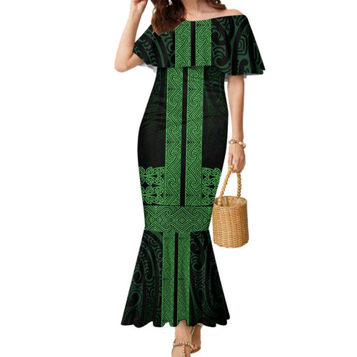 New Zealand Maori Kowhaiwhai Family Matching Mermaid Dress and Hawaiian Shirt Kakariki Maui and Mangopare