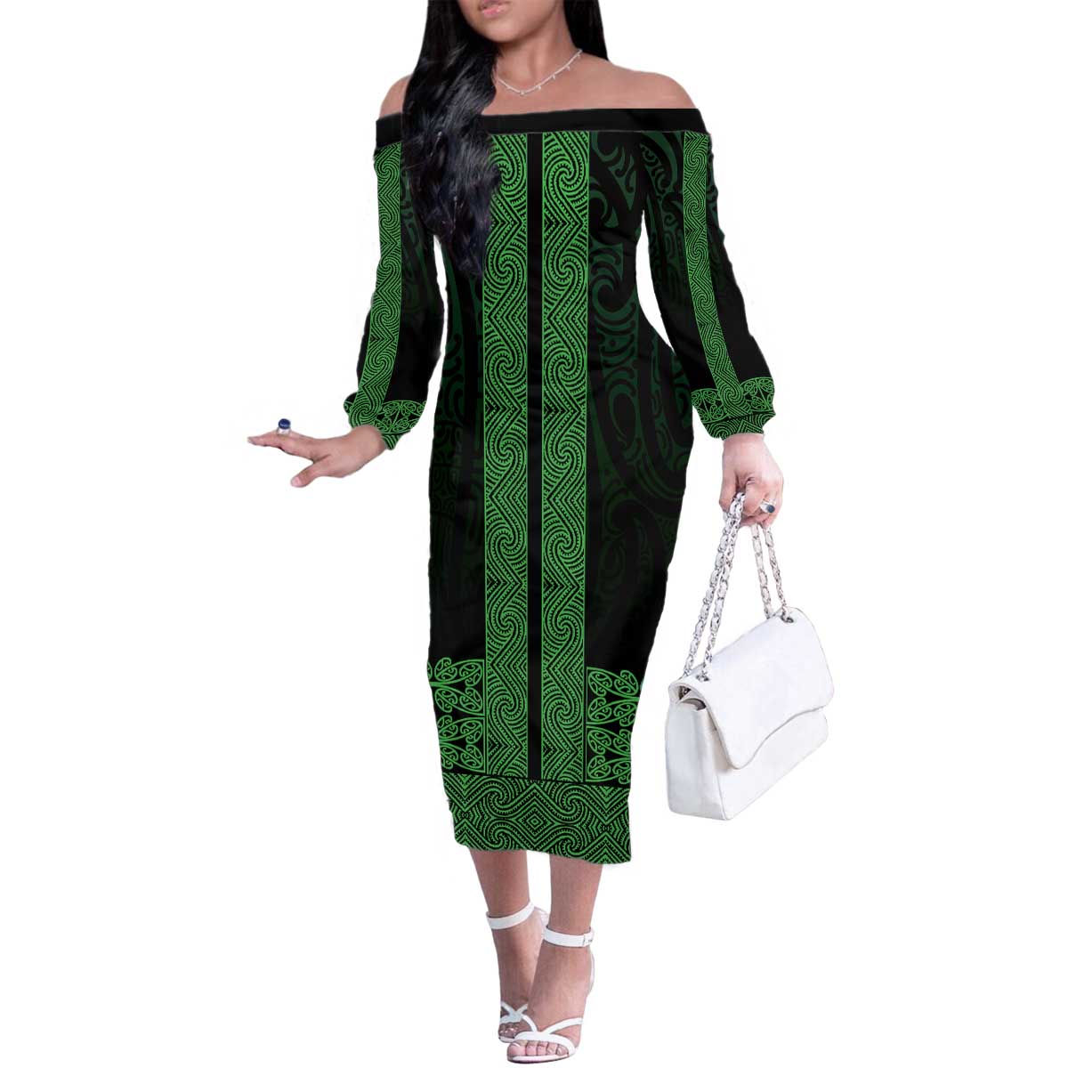 New Zealand Maori Kowhaiwhai Family Matching Off The Shoulder Long Sleeve Dress and Hawaiian Shirt Kakariki Maui and Mangopare
