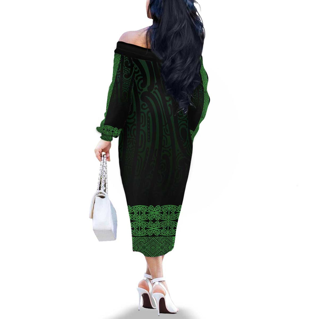 New Zealand Maori Kowhaiwhai Family Matching Off The Shoulder Long Sleeve Dress and Hawaiian Shirt Kakariki Maui and Mangopare